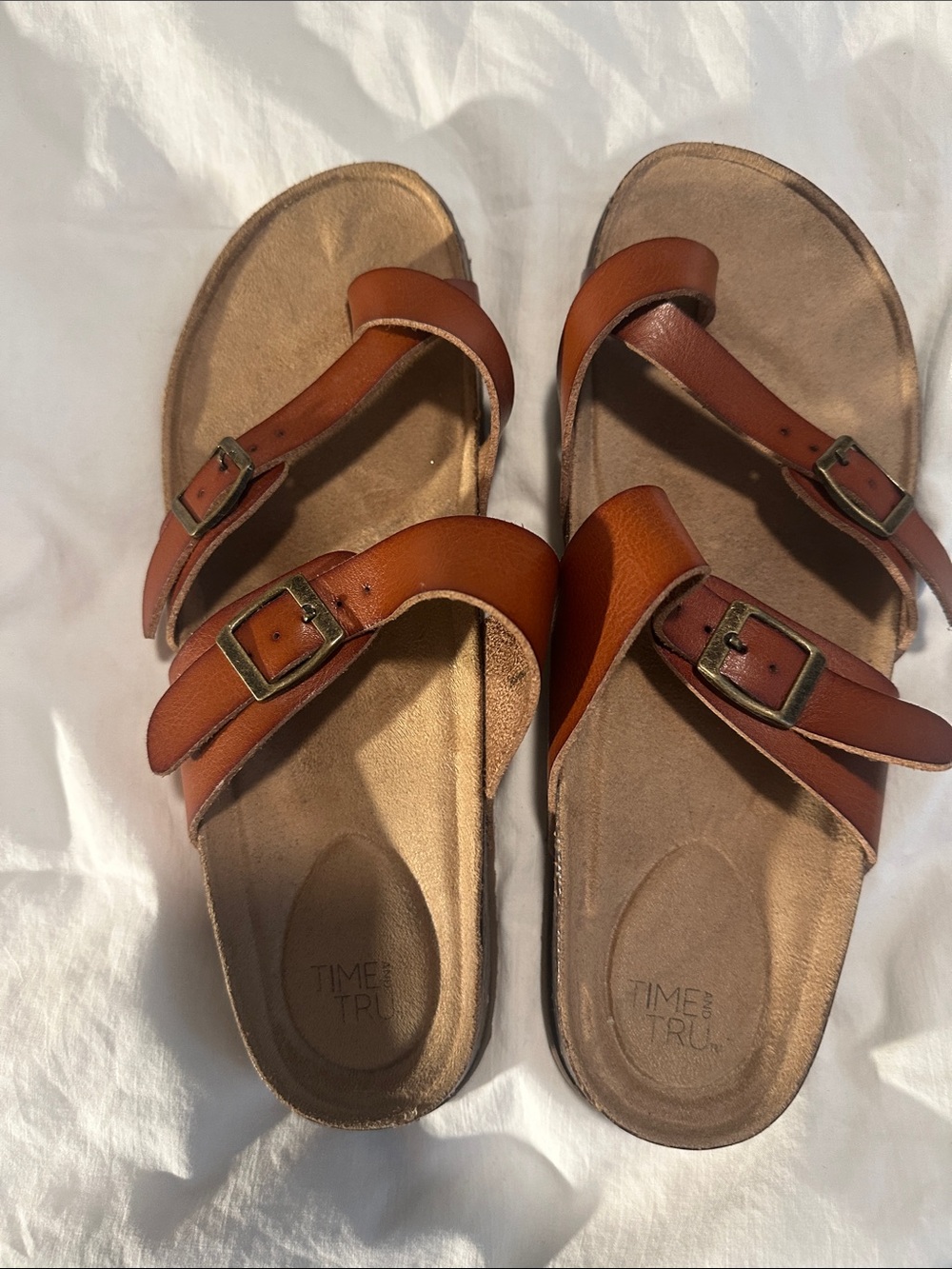 Time and Tru Brown Double-Buckle Slide Sandals